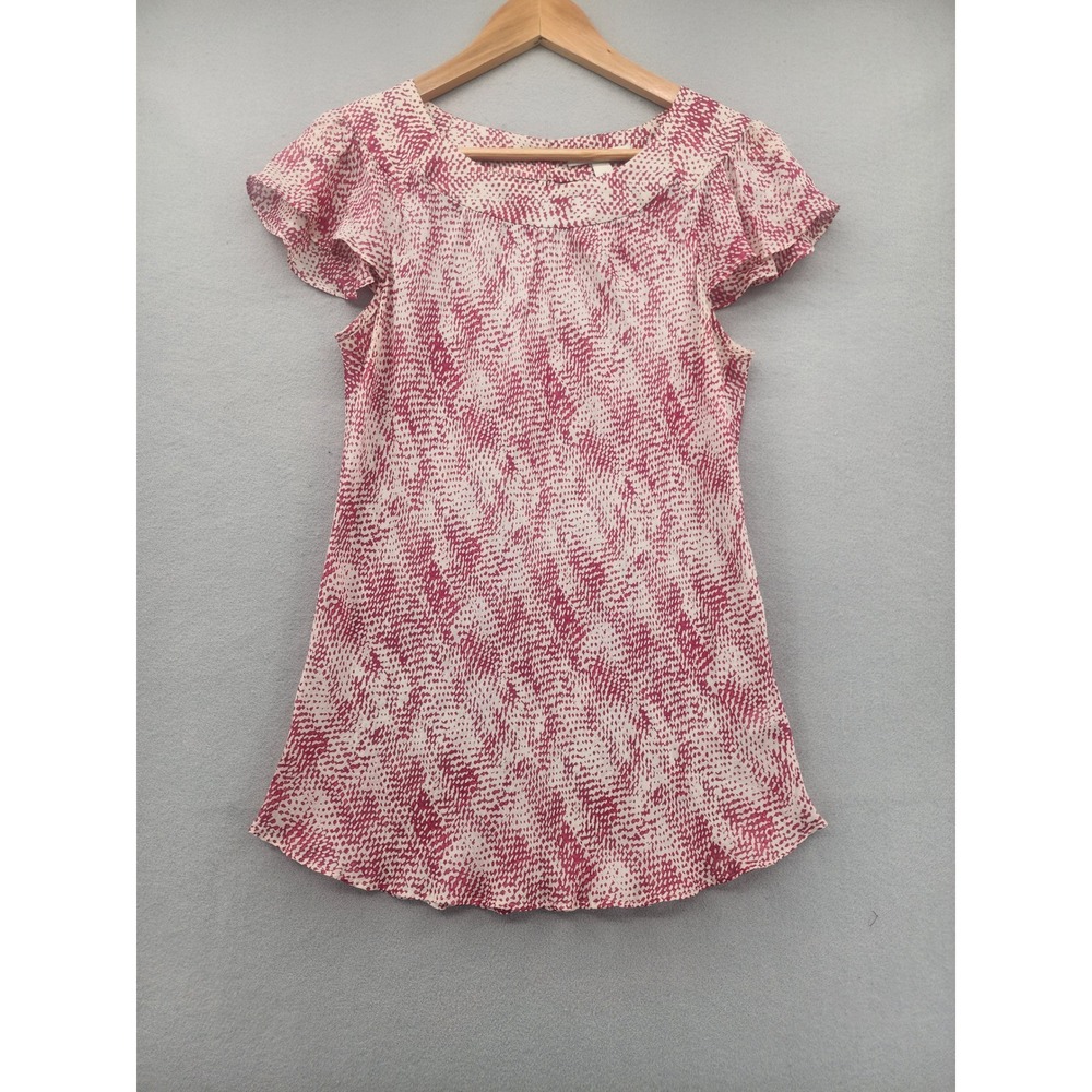 Banana Republic Silk Flutter Sleeve Blouse Red Cream Abstract Print Medium M